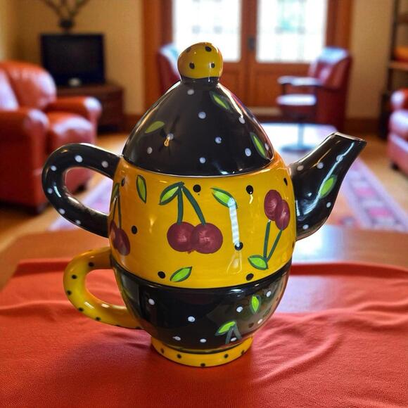 BELLA CASA By GANZ Cherry TEAPOT & CUP SET Black Yellow Polka Dot Ceramic 7.5"H - Picture 1 of 9